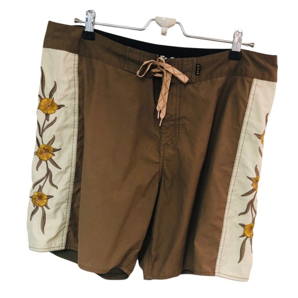 Howler Brothers Crosscut Deluxe Board Shorts Swim Brown Embroider Aloha 35 x 8